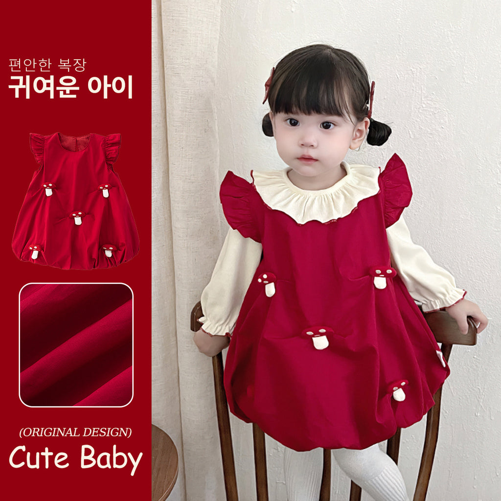 Autumn and Winter New Baby Girl Bloom Dress, Toddler Dress, Girl Flutter Sleeve Princess Dress, Mushroom Skirt