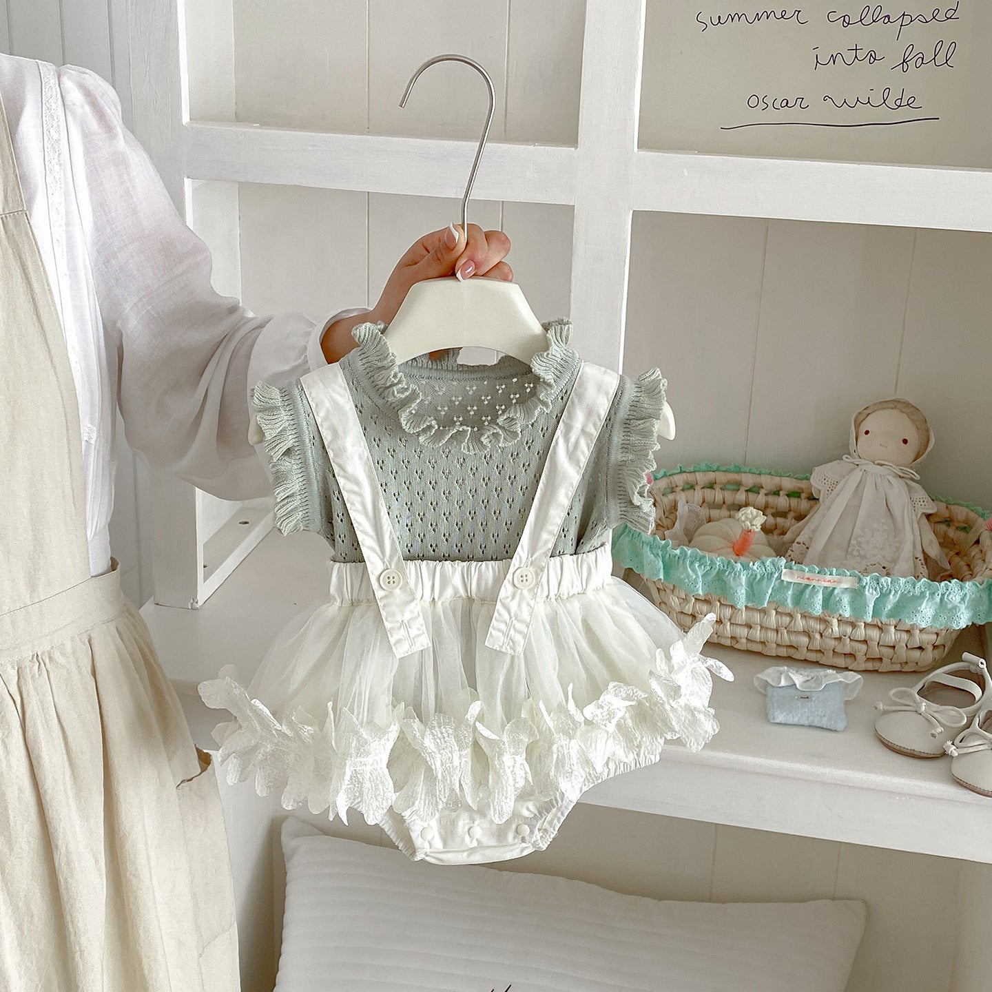 Summer New Infant and Toddler Carrier Gauze Dress Romper Set, Baby Girl Knit Vest Bodysuit Two-Piece Set