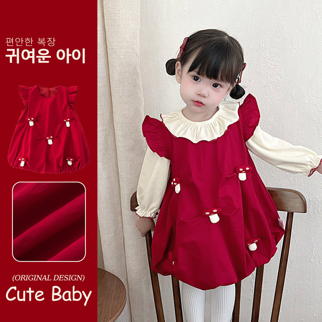Autumn and Winter New Baby Girl Bloom Dress, Toddler Dress, Girl Flutter Sleeve Princess Dress, Mushroom Skirt