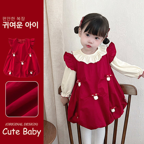 Autumn and Winter New Baby Girl Bloom Dress, Toddler Dress, Girl Flutter Sleeve Princess Dress, Mushroom Skirt