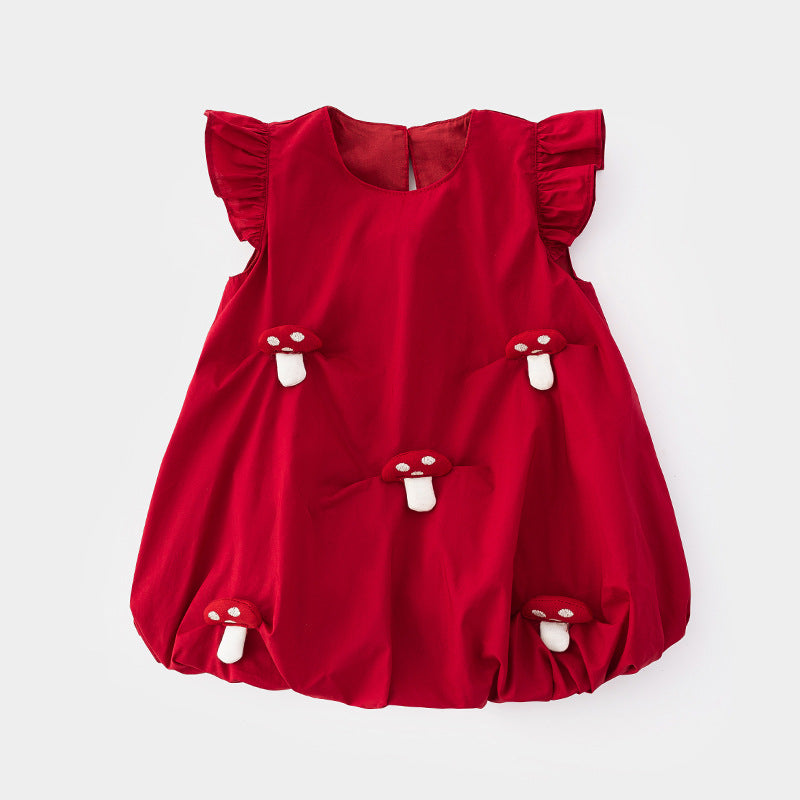 Autumn and Winter New Baby Girl Bloom Dress, Toddler Dress, Girl Flutter Sleeve Princess Dress, Mushroom Skirt