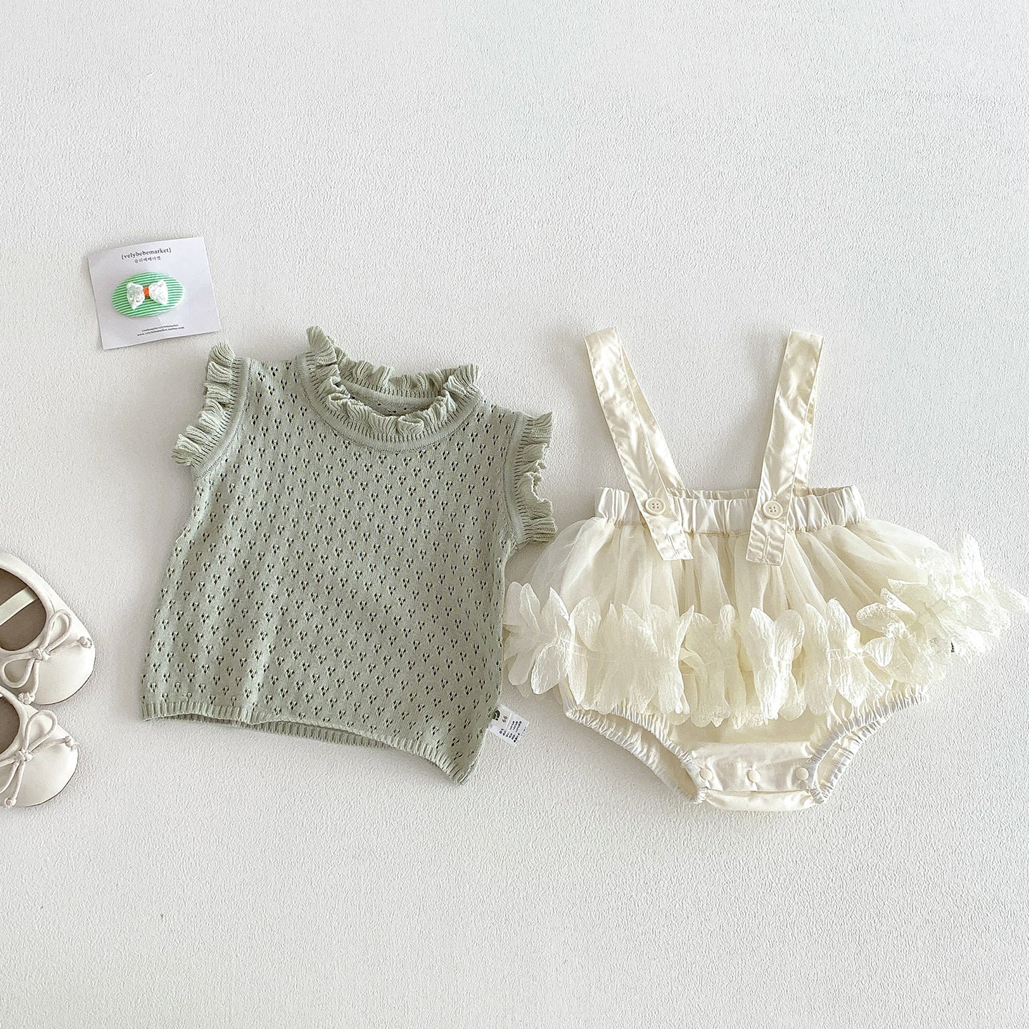 Summer New Infant and Toddler Carrier Gauze Dress Romper Set, Baby Girl Knit Vest Bodysuit Two-Piece Set