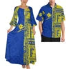 Pink Tribal Floral Matching Couple Outfit Ladies Flare Sleeve Long Dress Men Aloha Shirt Tropical Beach Vacation Matching Set