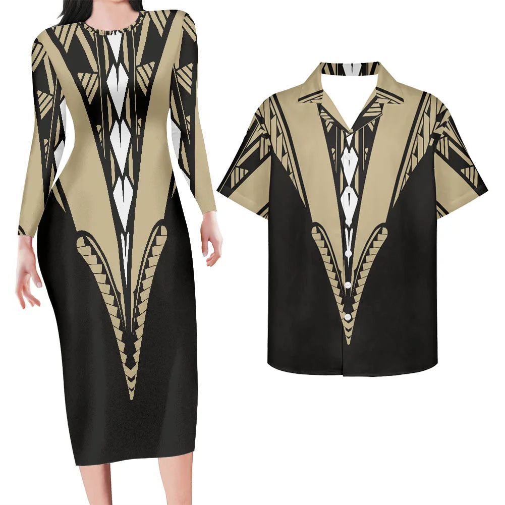 Valentine's Days Couple Clothing Set Plus Size Women's Dresses Matching Men Shirts Pacific Island Pattern Women Elegant Dresses