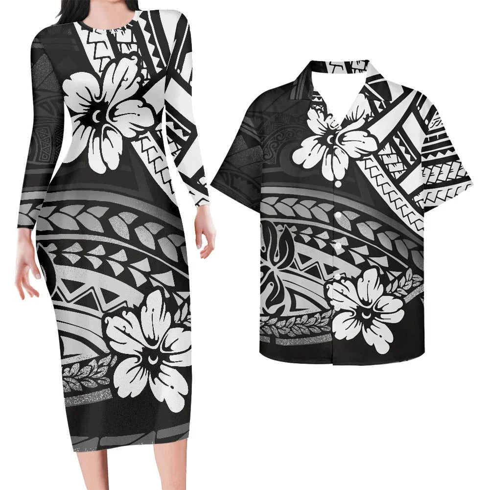 Valentine's Days Couple Clothing Set Plus Size Women's Dresses Matching Men Shirts Pacific Island Pattern Women Elegant Dresses
