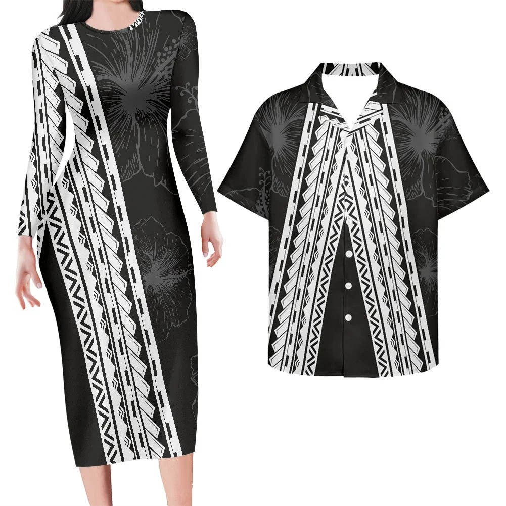 Valentine's Days Couple Clothing Set Plus Size Women's Dresses Matching Men Shirts Pacific Island Pattern Women Elegant Dresses