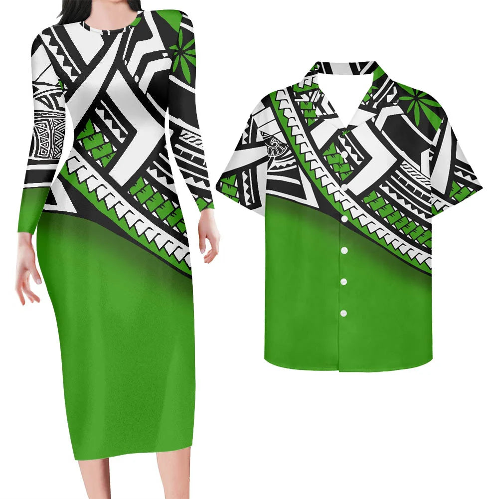 Valentine's Days Couple Clothing Set Plus Size Women's Dresses Matching Men Shirts Pacific Island Pattern Women Elegant Dresses