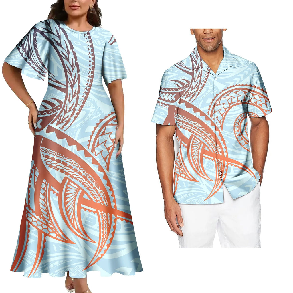 Hot Sales Polynesian Samoan Tribal Custom Design Women's Big Size Dress Match Men Shirts 2 Pcs Tattoo Sets of Couple