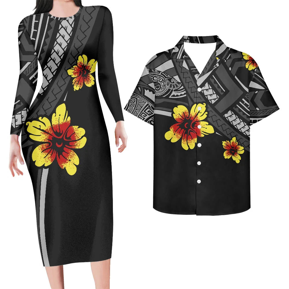 Valentine's Days Couple Clothing Set Plus Size Women's Dresses Matching Men Shirts Pacific Island Pattern Women Elegant Dresses