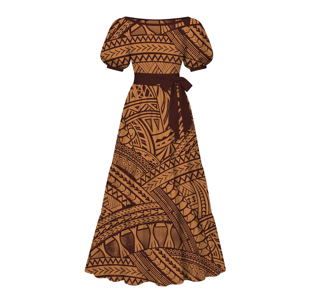 Made to Order Tonga Polynesian Hibiscus Tribal Motif Puff Sleeve Tiered Maxi Dress square Neck Ladies Island Daily Apparel