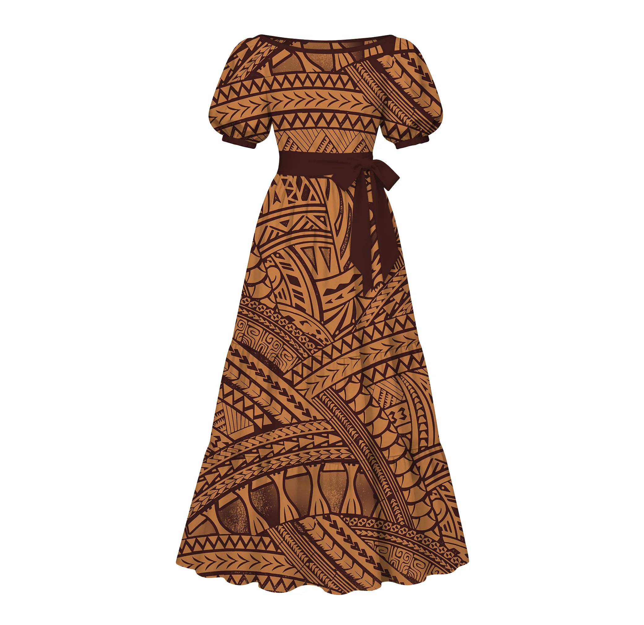 Made to Order Tonga Polynesian Hibiscus Tribal Motif Puff Sleeve Tiered Maxi Dress square Neck Ladies Island Daily Apparel
