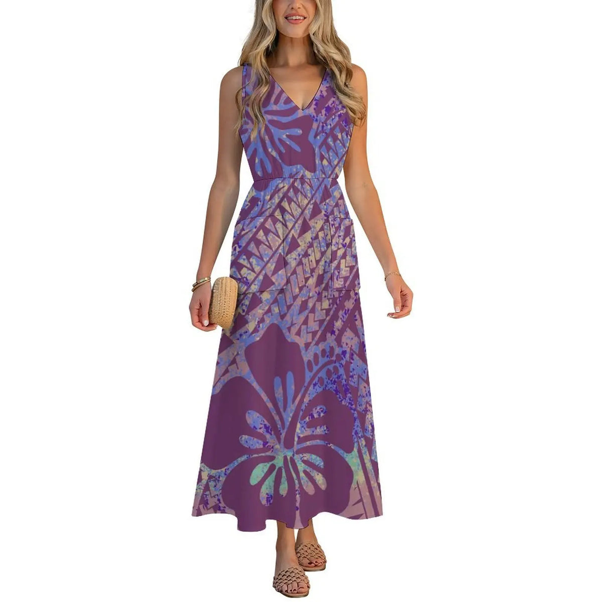 Factory Wholesale Price Custom Sleeveless Design Ladies Dresses Pacific Island Design V-neck Vest I-pocket Dress Womens Dress