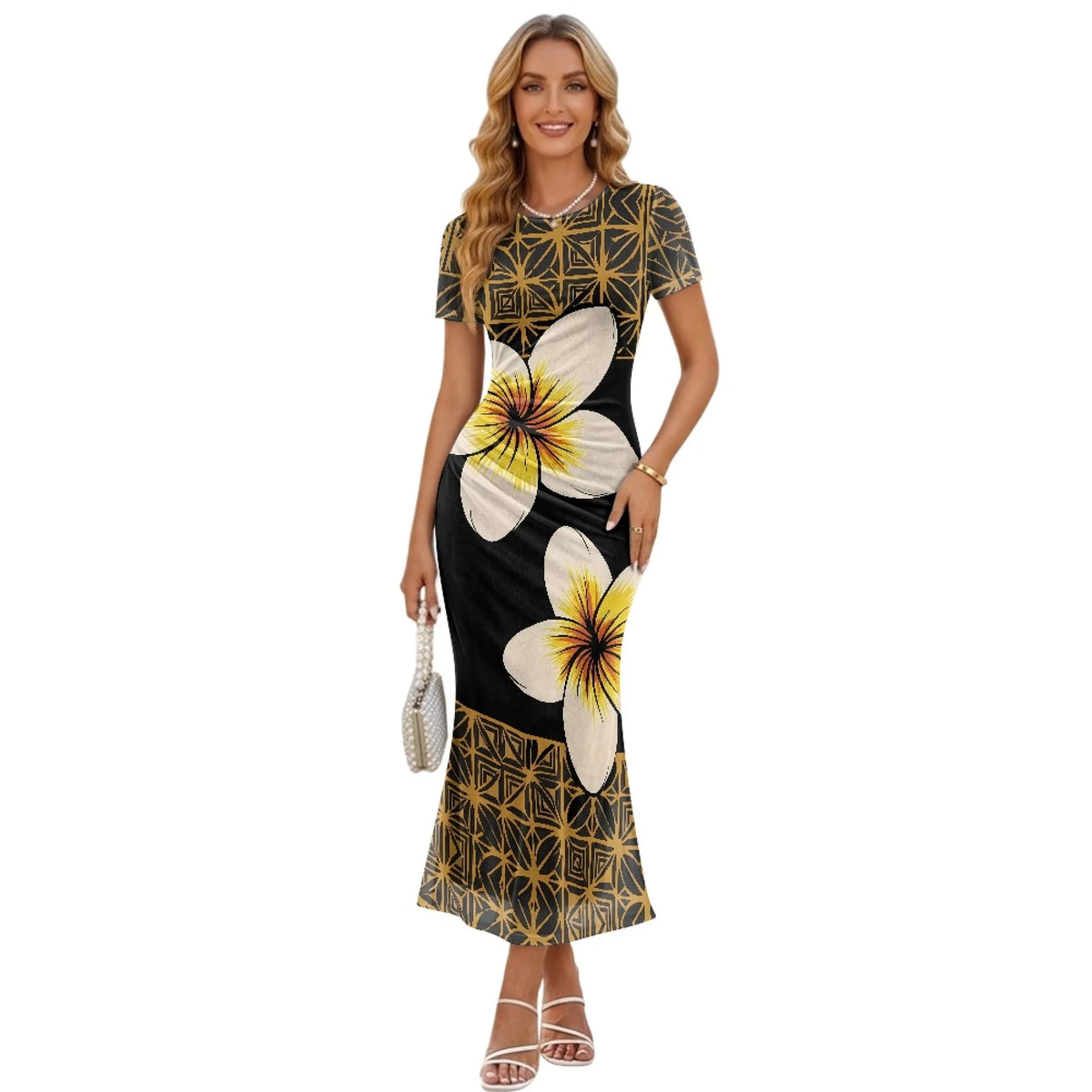 Fashion Trendy Polynesian Samoan Tattoo Tapa Design Plus Size Women Long Party Dress Round Neck Short Sleeved Elegant Slim Dress