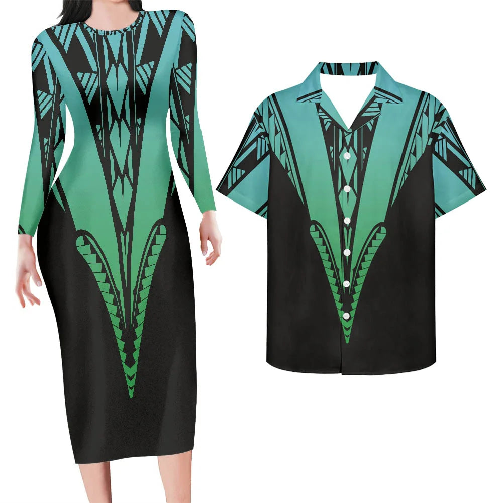 Valentine's Days Couple Clothing Set Plus Size Women's Dresses Matching Men Shirts Pacific Island Pattern Women Elegant Dresses