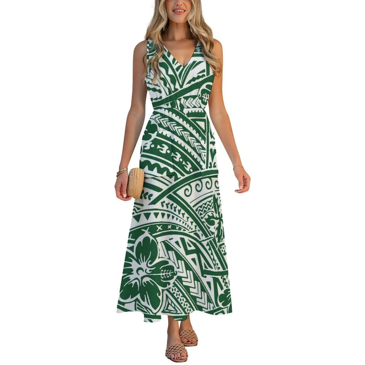 Factory Wholesale Price Custom Sleeveless Design Ladies Dresses Pacific Island Design V-neck Vest I-pocket Dress Womens Dress