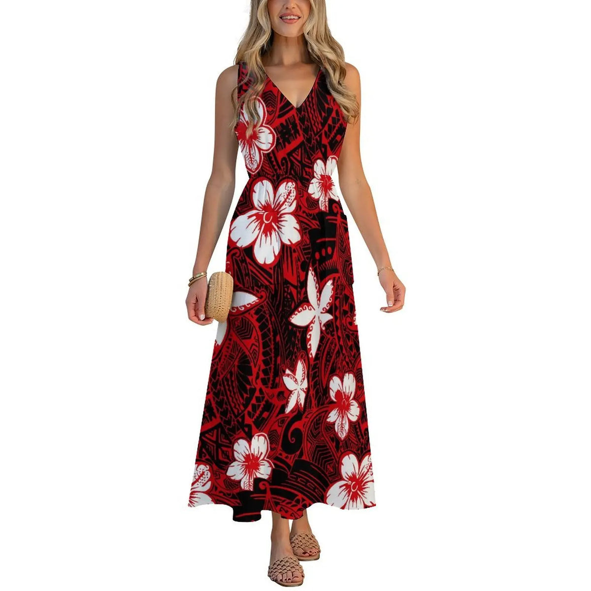 Factory Wholesale Price Custom Sleeveless Design Ladies Dresses Pacific Island Design V-neck Vest I-pocket Dress Womens Dress