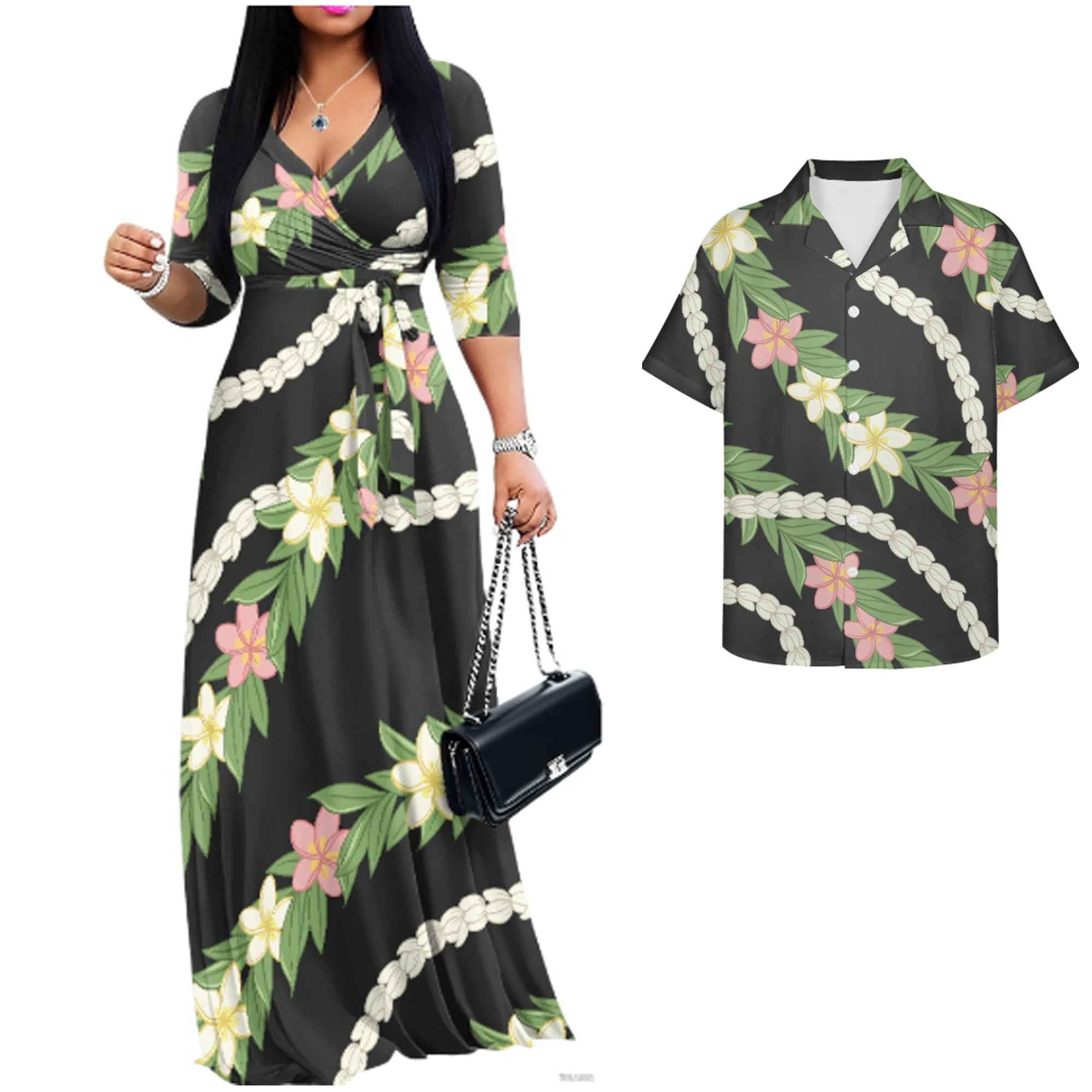 Vintage Couples Matchable Outfits His and Hers Matching Set Women Casual Long Maxi Dress with Pockets Men Hawaiian Design Shirts