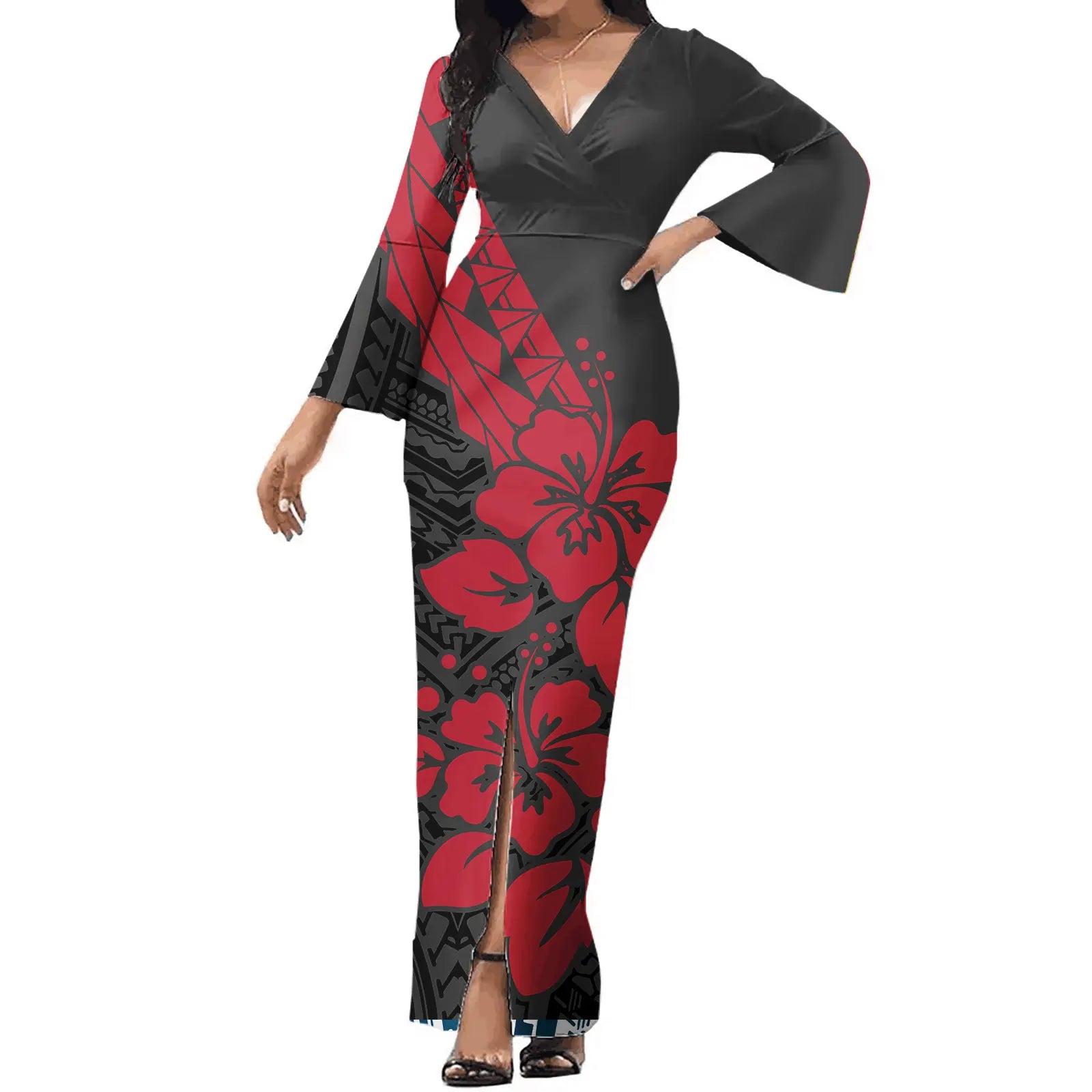 Polynesian Tribal Style Design Custom Logo Clothes Maxi Dresses Women Flare Sleeve Pacific Islander Bodycon Dress Samoan Dresses
