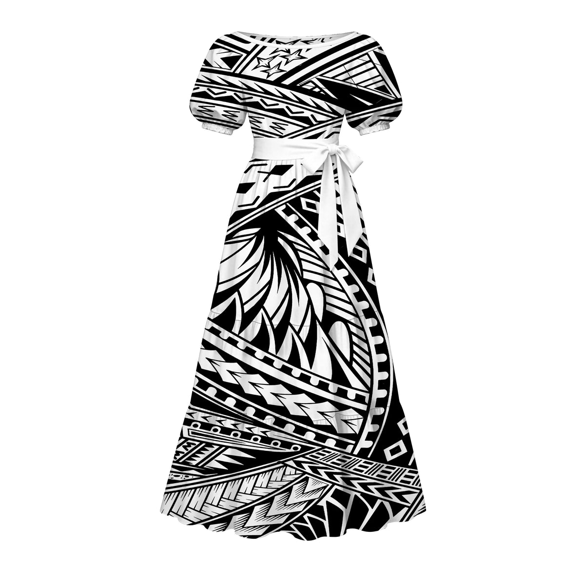 Factory Custom Split Teal White Red Polynesian Tribal Print Maxi Dress Women Boat Neck Puff Short Sleeve Pacific Island Dress