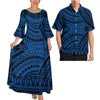 Pink Tribal Floral Matching Couple Outfit Ladies Flare Sleeve Long Dress Men Aloha Shirt Tropical Beach Vacation Matching Set