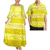Pink Tribal Floral Matching Couple Outfit Ladies Flare Sleeve Long Dress Men Aloha Shirt Tropical Beach Vacation Matching Set