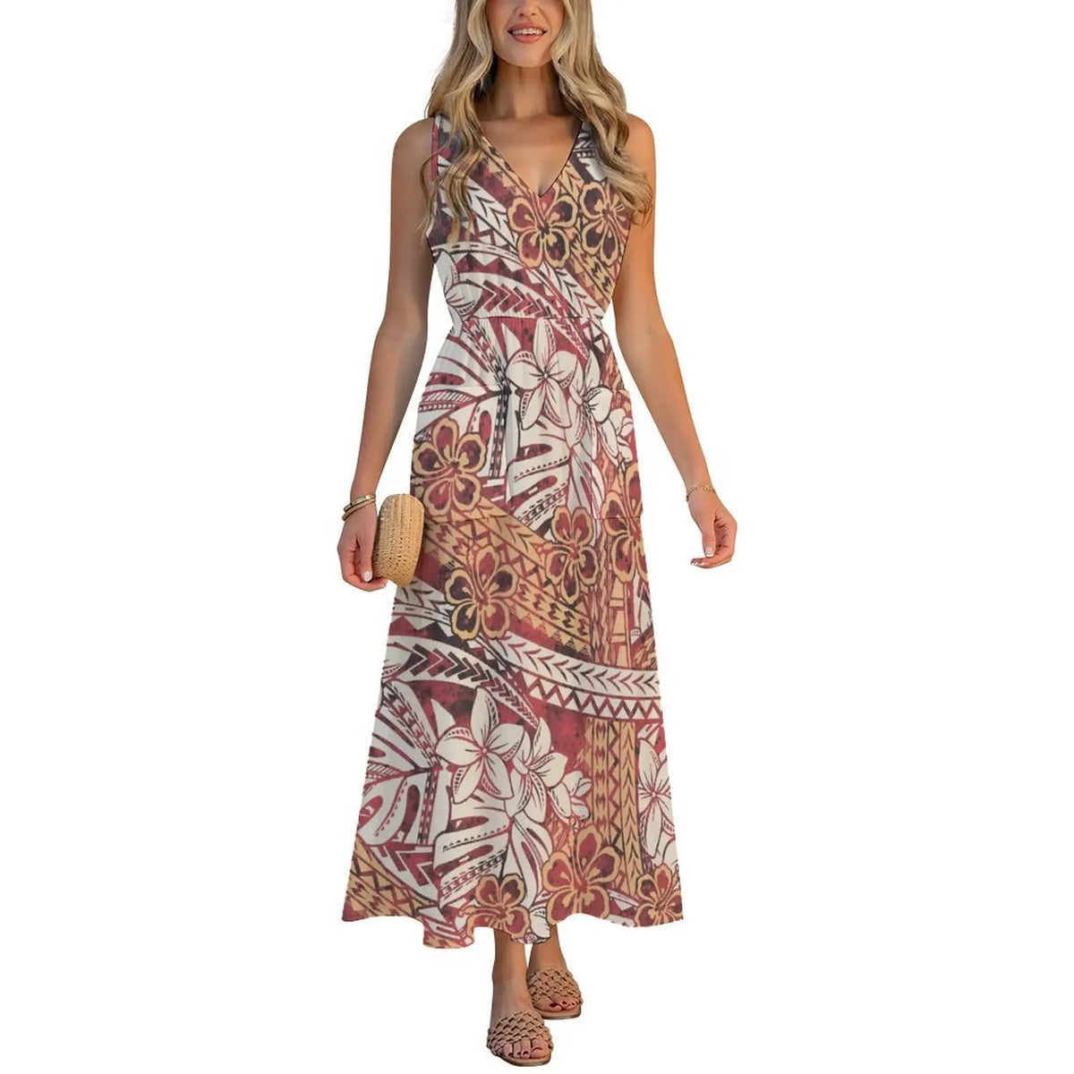 Factory Wholesale Price Custom Sleeveless Design Ladies Dresses Pacific Island Design V-neck Vest I-pocket Dress Womens Dress