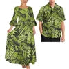 Pink Tribal Floral Matching Couple Outfit Ladies Flare Sleeve Long Dress Men Aloha Shirt Tropical Beach Vacation Matching Set