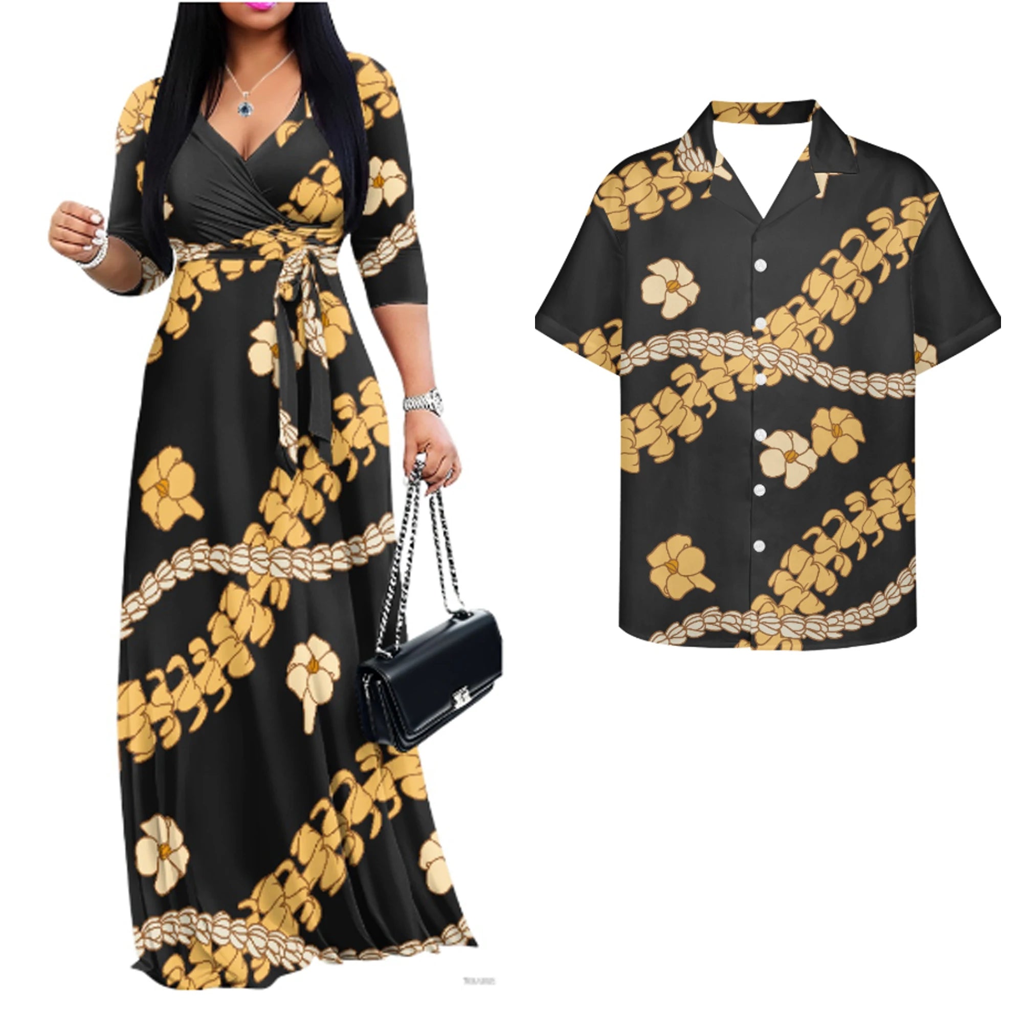 Vintage Couples Matchable Outfits His and Hers Matching Set Women Casual Long Maxi Dress with Pockets Men Hawaiian Design Shirts