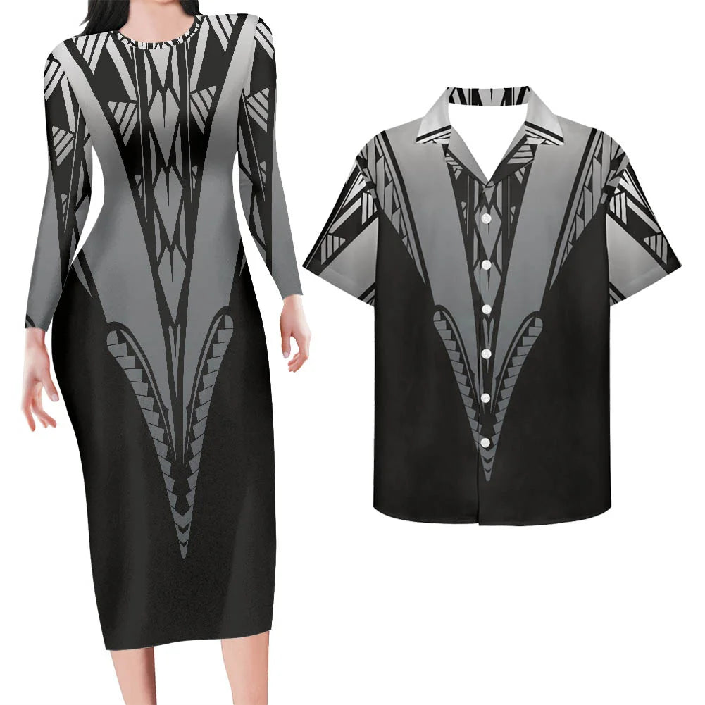 Valentine's Days Couple Clothing Set Plus Size Women's Dresses Matching Men Shirts Pacific Island Pattern Women Elegant Dresses