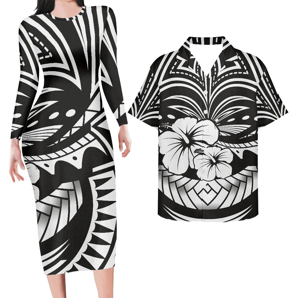 Valentine's Days Couple Clothing Set Plus Size Women's Dresses Matching Men Shirts Pacific Island Pattern Women Elegant Dresses