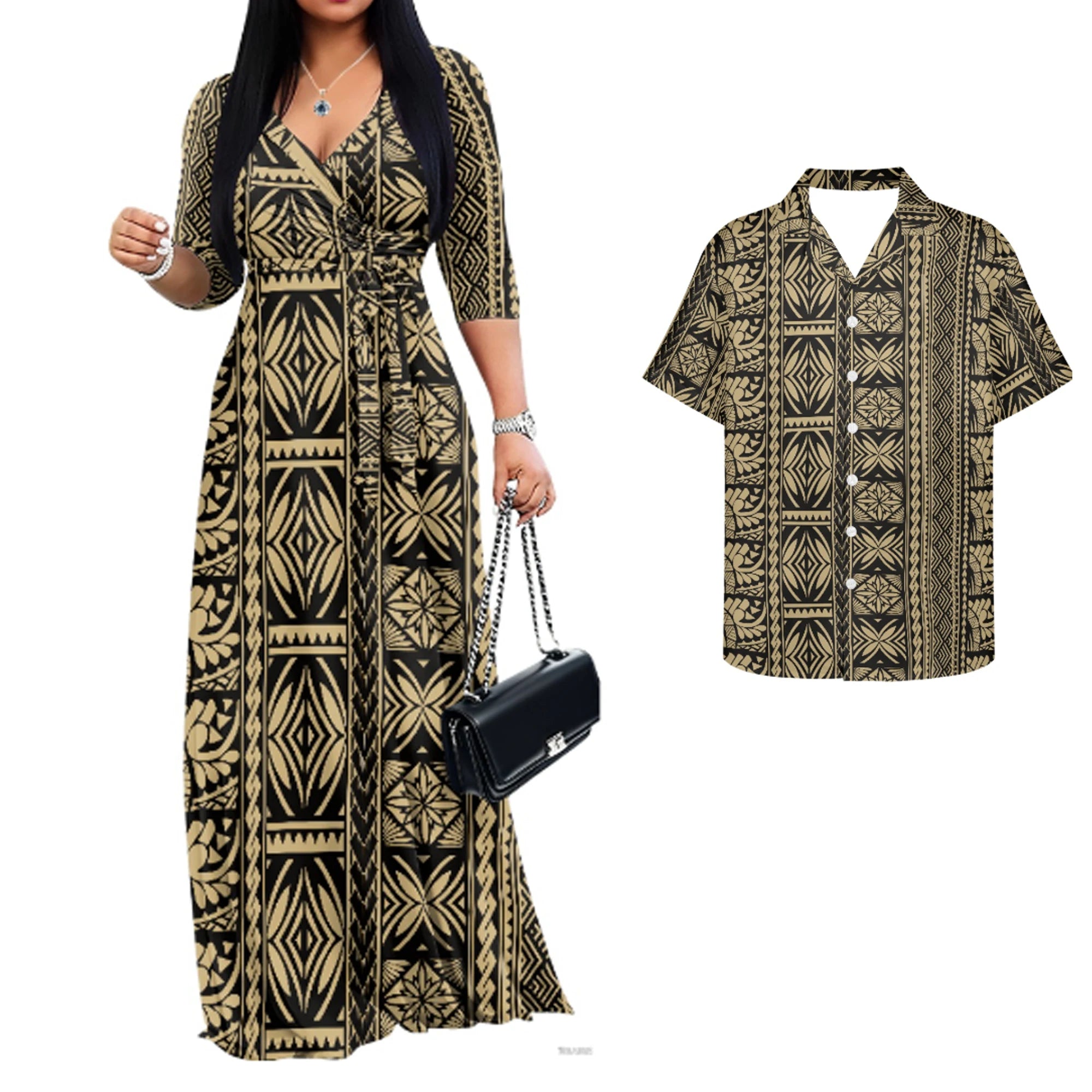 Trending Luxury Couple Matching Hawaiian Luau Party Outfit Set Polynesian Hawaiian Pattern Puletasi Print Dress and Men's Shirt