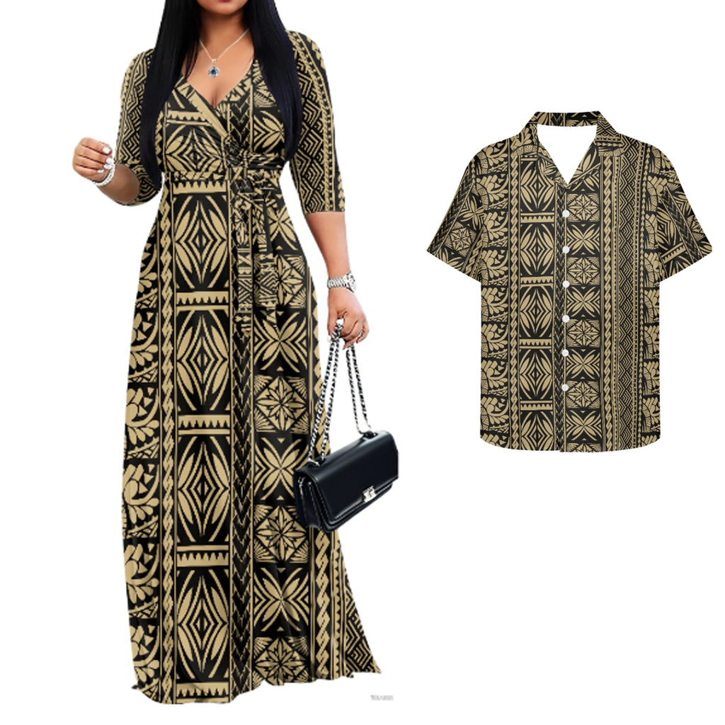 Trending Luxury Couple Matching Hawaiian Luau Party Outfit Set Polynesian Hawaiian Pattern Puletasi Print Dress and Men's Shirt
