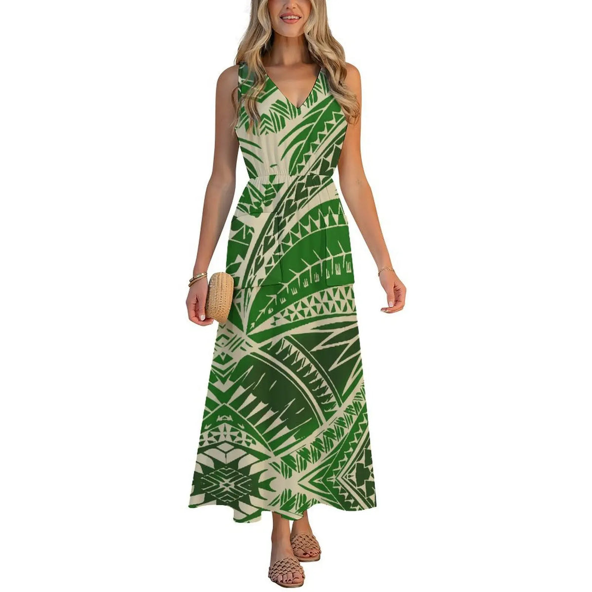 Factory Wholesale Price Custom Sleeveless Design Ladies Dresses Pacific Island Design V-neck Vest I-pocket Dress Womens Dress