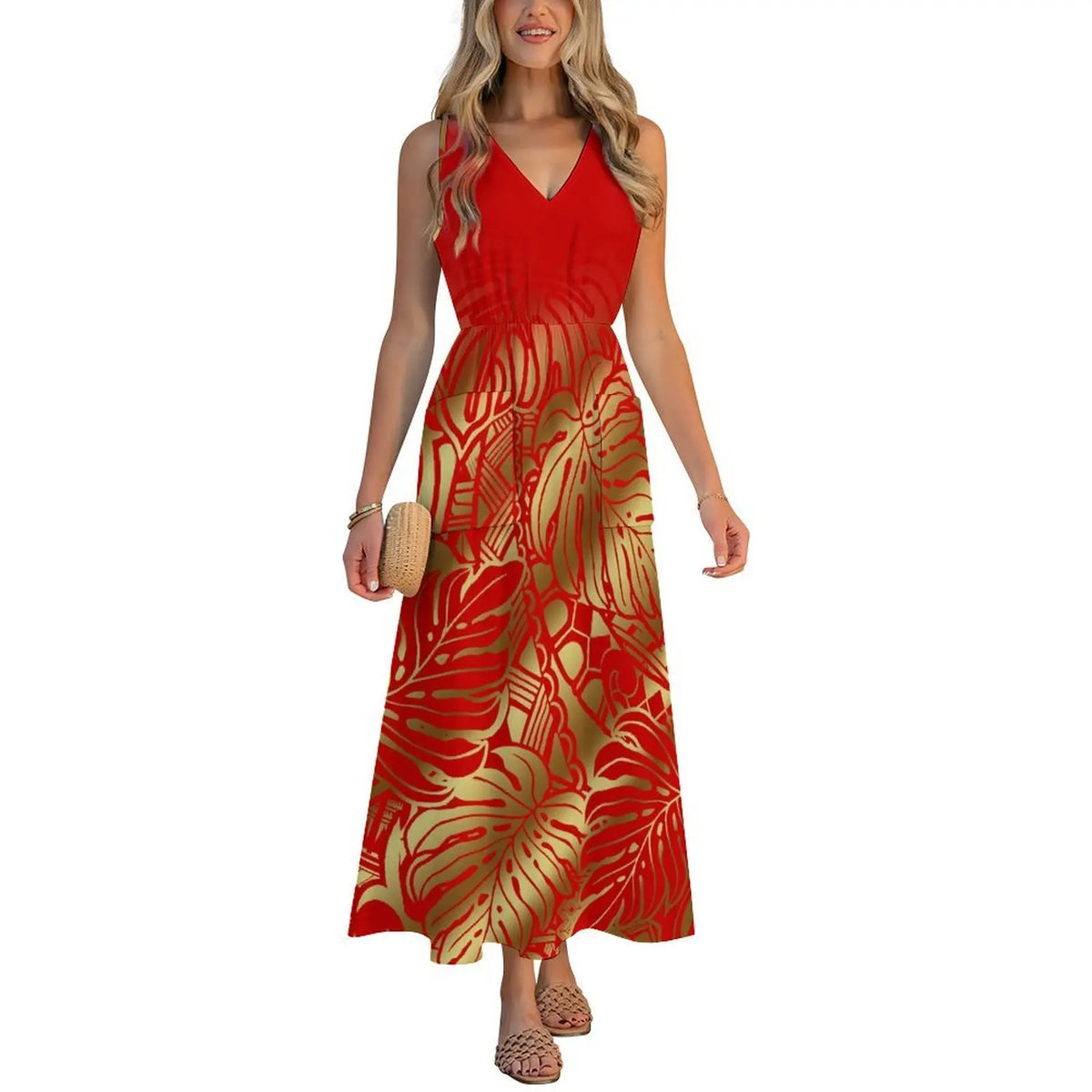 Factory Wholesale Price Custom Sleeveless Design Ladies Dresses Pacific Island Design V-neck Vest I-pocket Dress Womens Dress