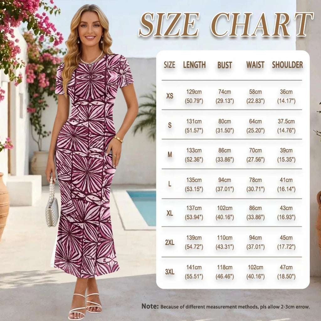 Fashion Trendy Polynesian Samoan Tattoo Tapa Design Plus Size Women Long Party Dress Round Neck Short Sleeved Elegant Slim Dress