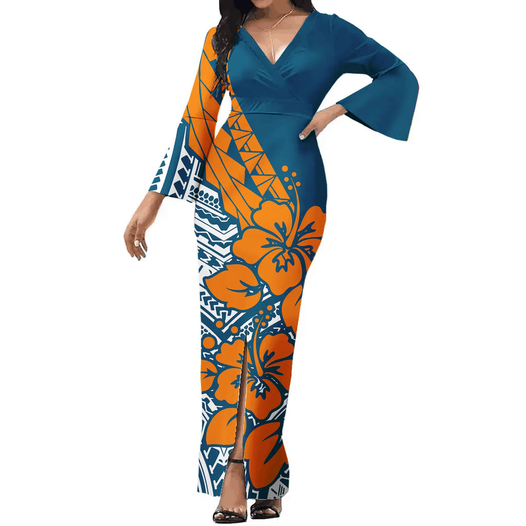 Polynesian Tribal Style Design Custom Logo Clothes Maxi Dresses Women Flare Sleeve Pacific Islander Bodycon Dress Samoan Dresses