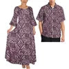 Pink Tribal Floral Matching Couple Outfit Ladies Flare Sleeve Long Dress Men Aloha Shirt Tropical Beach Vacation Matching Set