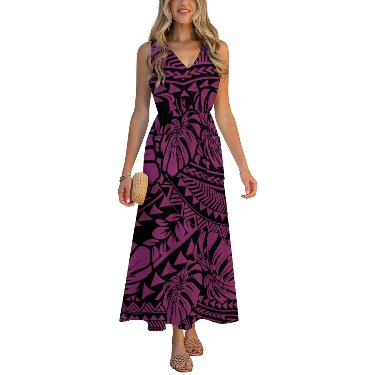 Factory Wholesale Price Custom Sleeveless Design Ladies Dresses Pacific Island Design V-neck Vest I-pocket Dress Womens Dress