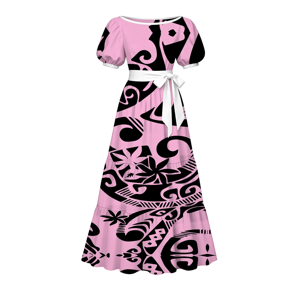 Factory Custom Split Teal White Red Polynesian Tribal Print Maxi Dress Women Boat Neck Puff Short Sleeve Pacific Island Dress