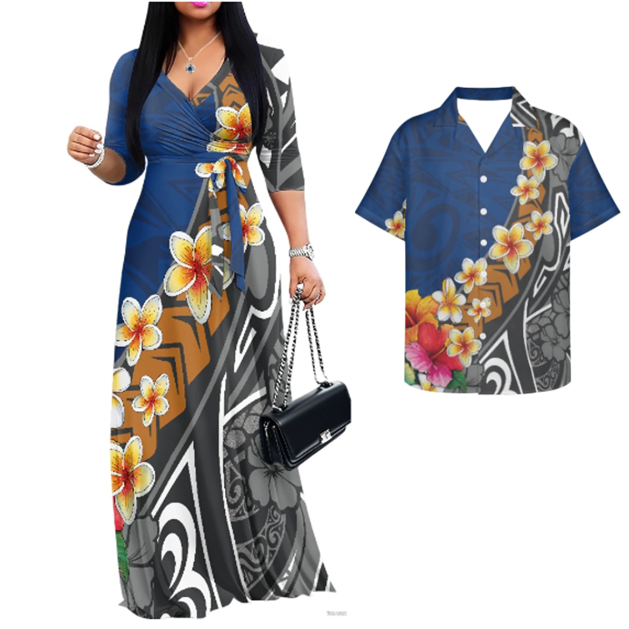 Vintage Couples Matchable Outfits His and Hers Matching Set Women Casual Long Maxi Dress with Pockets Men Hawaiian Design Shirts