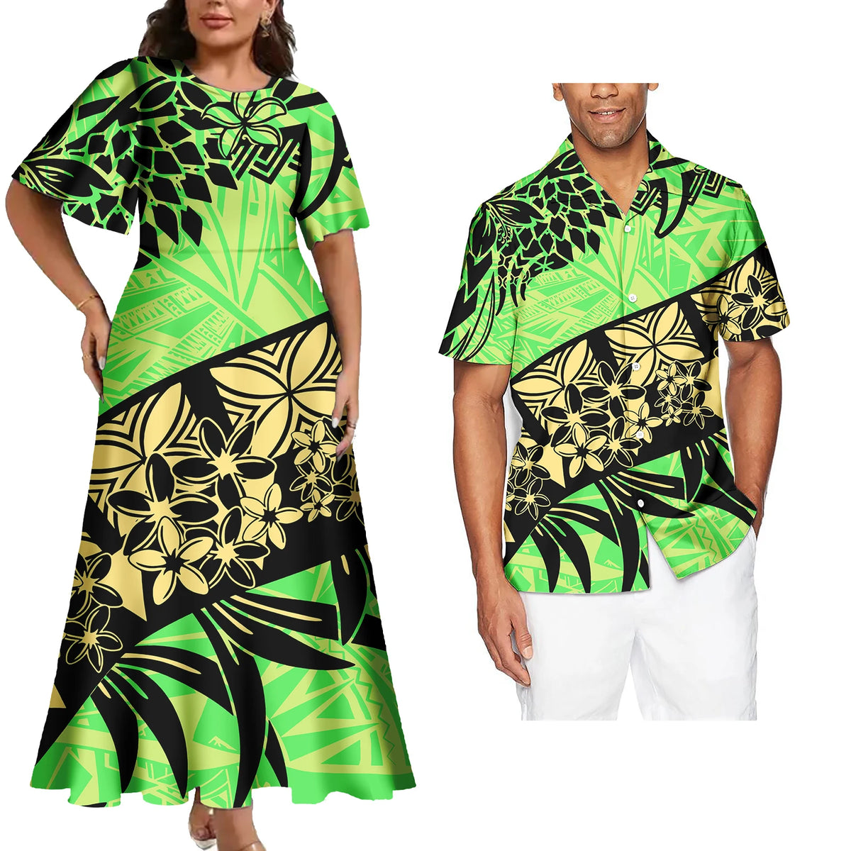 Hot Sales Polynesian Samoan Tribal Custom Design Women's Big Size Dress Match Men Shirts 2 Pcs Tattoo Sets of Couple