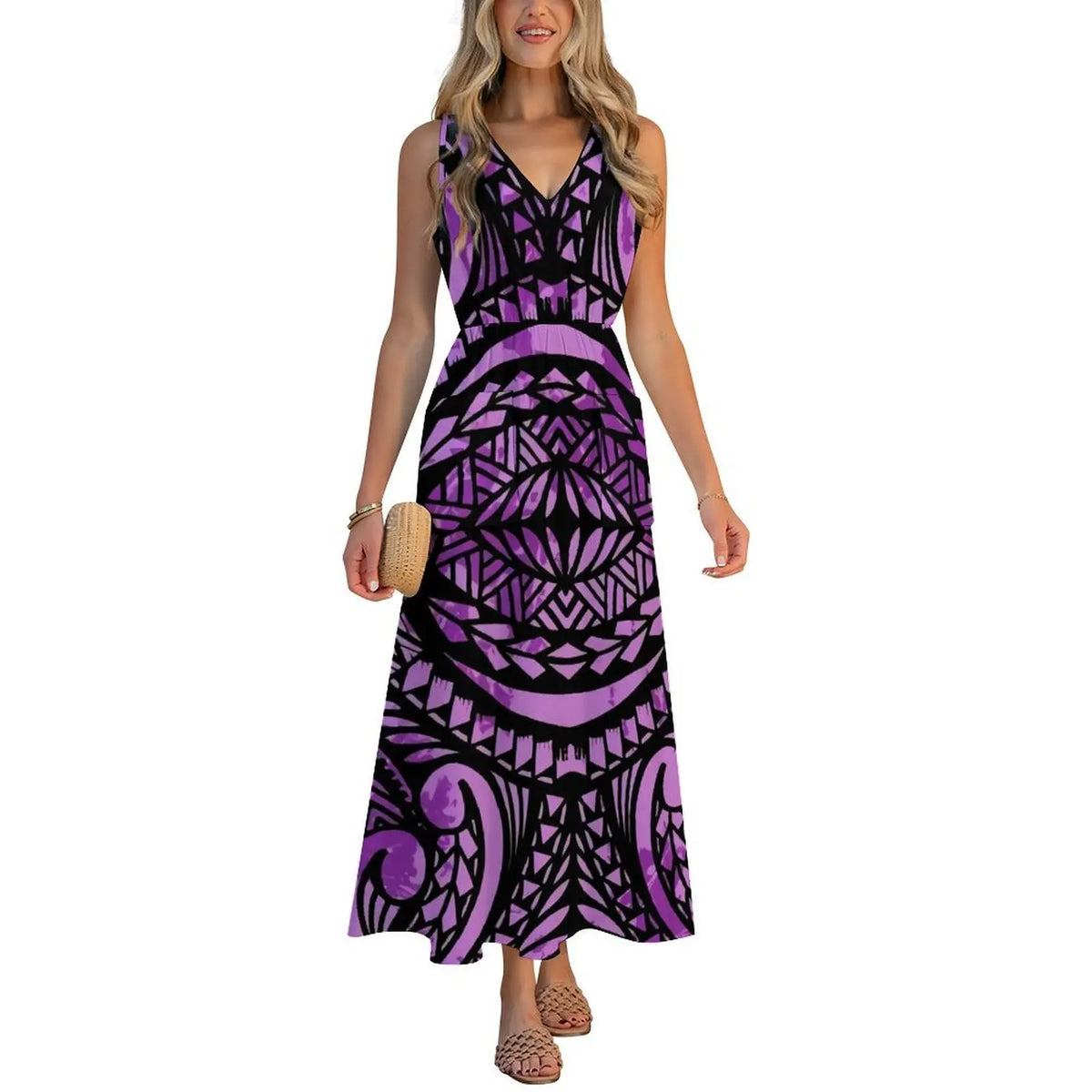 Factory Wholesale Price Custom Sleeveless Design Ladies Dresses Pacific Island Design V-neck Vest I-pocket Dress Womens Dress