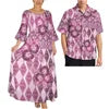 Pink Tribal Floral Matching Couple Outfit Ladies Flare Sleeve Long Dress Men Aloha Shirt Tropical Beach Vacation Matching Set