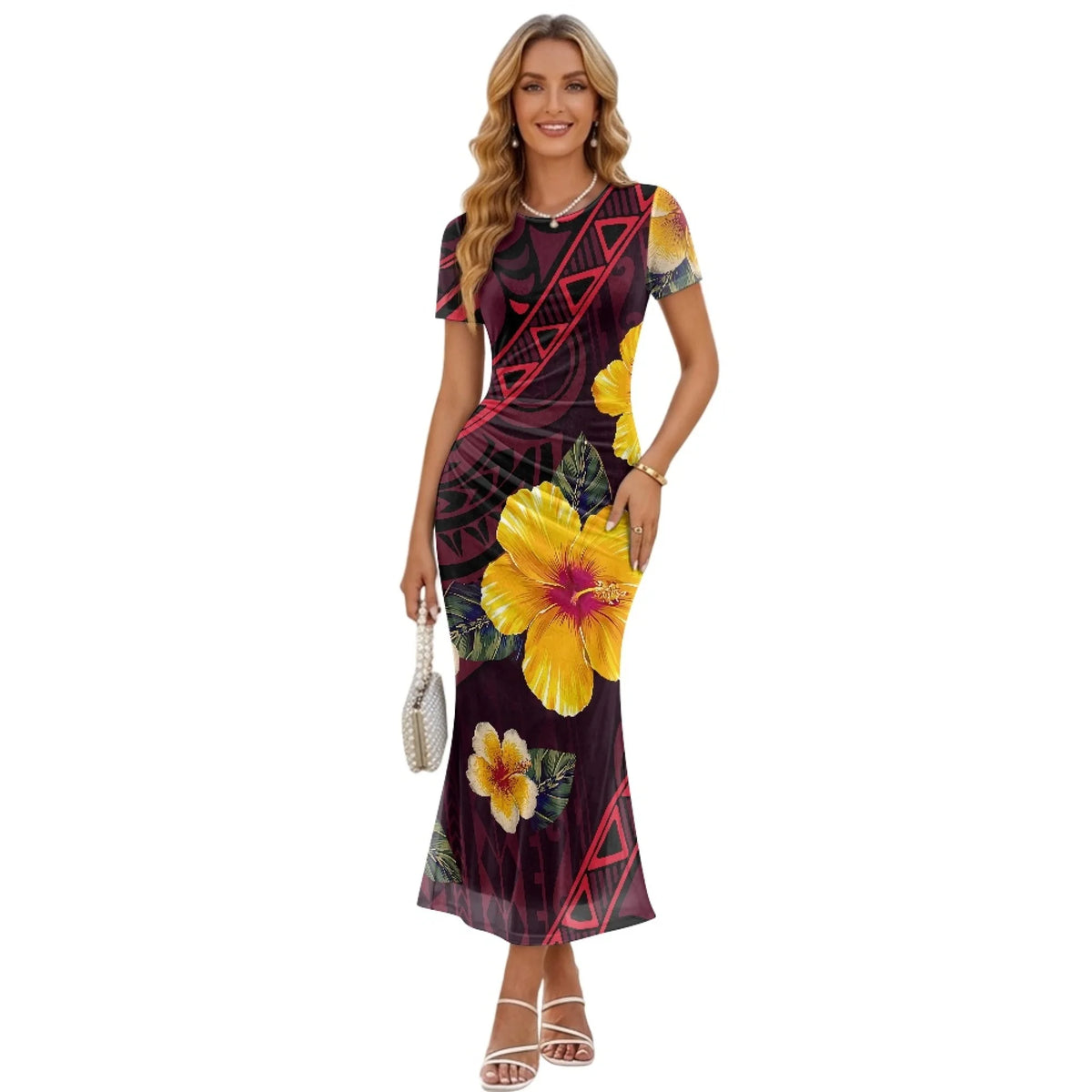 Fashion Trendy Polynesian Samoan Tattoo Tapa Design Plus Size Women Long Party Dress Round Neck Short Sleeved Elegant Slim Dress