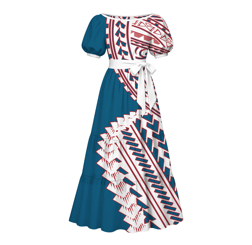 Factory Custom Split Teal White Red Polynesian Tribal Print Maxi Dress Women Boat Neck Puff Short Sleeve Pacific Island Dress