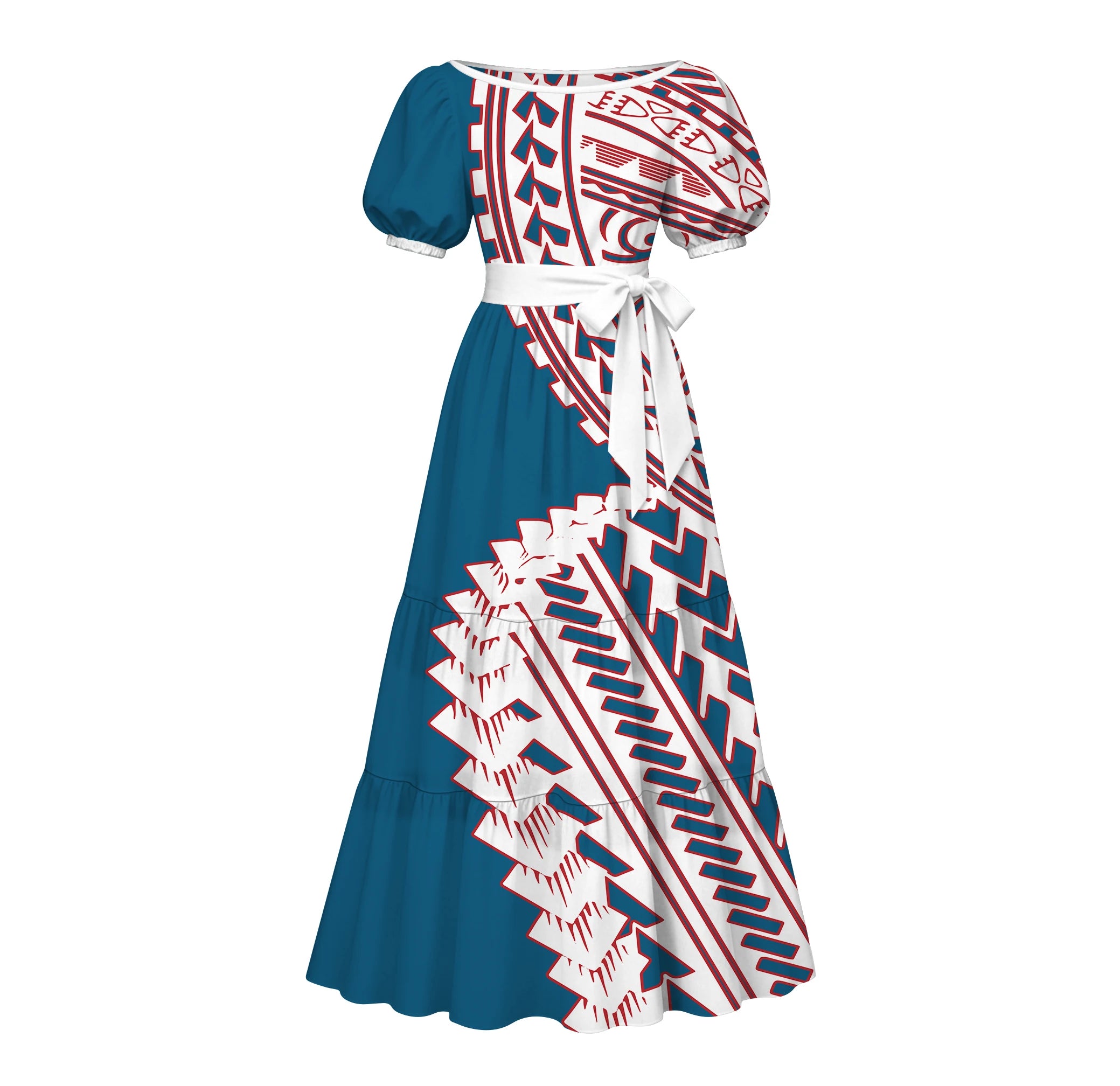 Factory Custom Split Teal White Red Polynesian Tribal Print Maxi Dress Women Boat Neck Puff Short Sleeve Pacific Island Dress