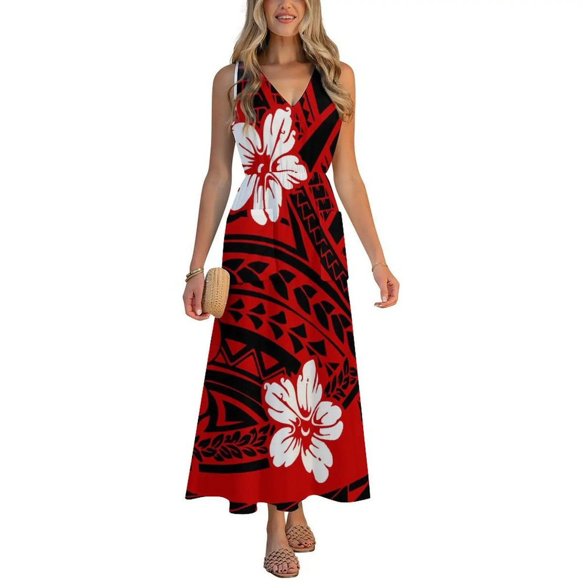 Factory Wholesale Price Custom Sleeveless Design Ladies Dresses Pacific Island Design V-neck Vest I-pocket Dress Womens Dress
