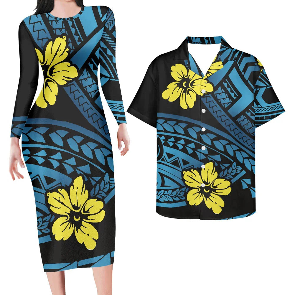 Valentine's Days Couple Clothing Set Plus Size Women's Dresses Matching Men Shirts Pacific Island Pattern Women Elegant Dresses