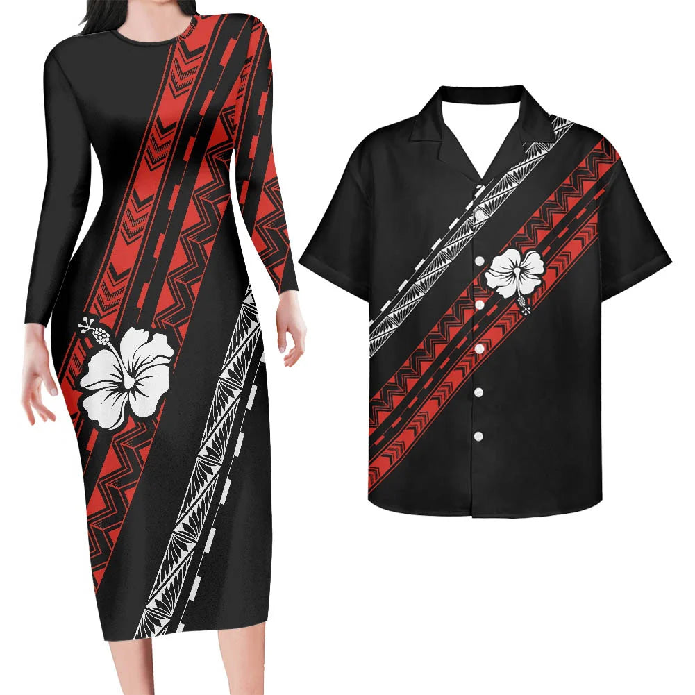 Valentine's Days Couple Clothing Set Plus Size Women's Dresses Matching Men Shirts Pacific Island Pattern Women Elegant Dresses