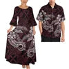 Pink Tribal Floral Matching Couple Outfit Ladies Flare Sleeve Long Dress Men Aloha Shirt Tropical Beach Vacation Matching Set